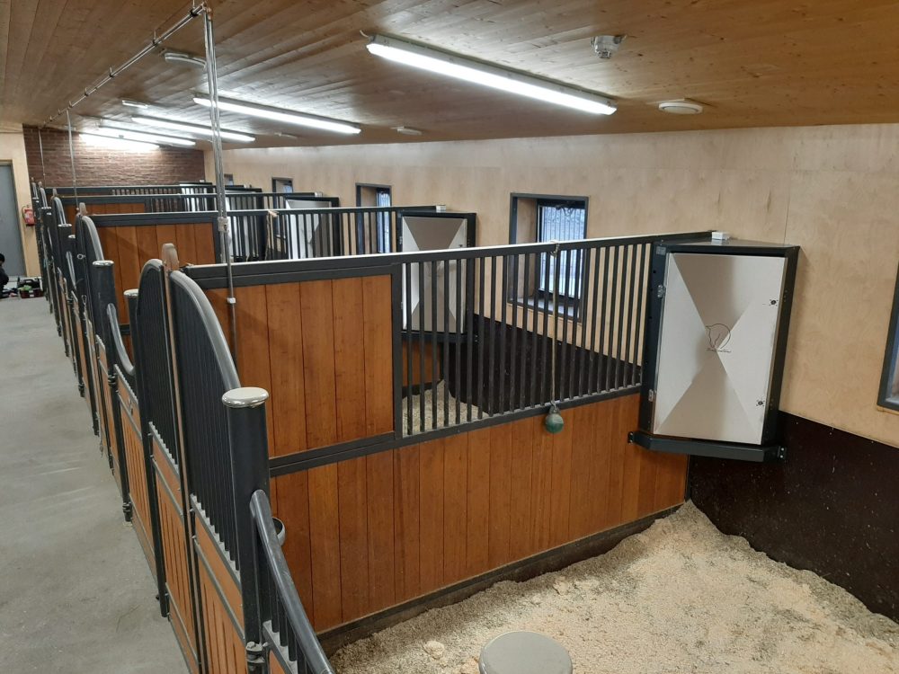 Automated hay feeders installed along a row of stalls